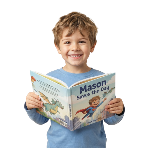 Boy looking at the camera, holding his personalized storybook "Mason Saves the Day"