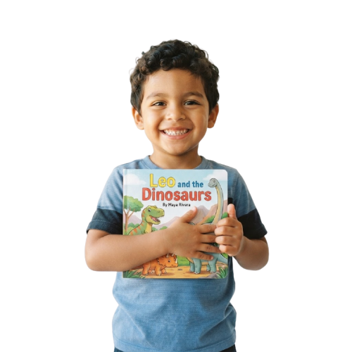 Young boy grinning at the camera, hugging his personalized storybook "Leo and the Dinosaurs"