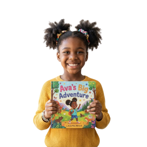 Girl smiling at the camera, holding her personalized storybook "Ava's Big Adventure"